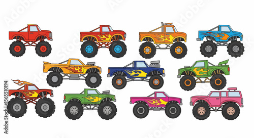 Colorful Cartoon Monster Trucks with Flame Decals, Vector Illustration