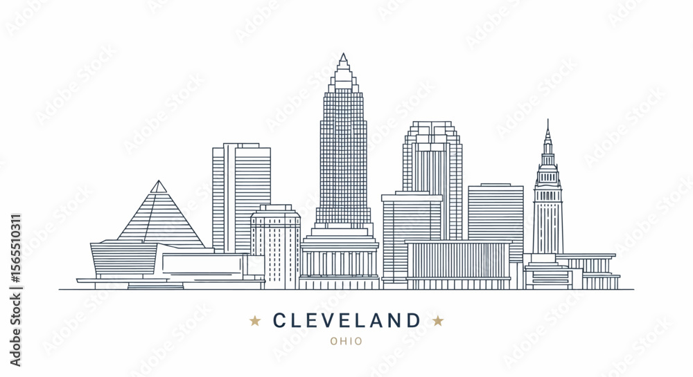 Naklejka premium Cleveland Ohio Skyline Vector Illustration with Line Art Style on White Background