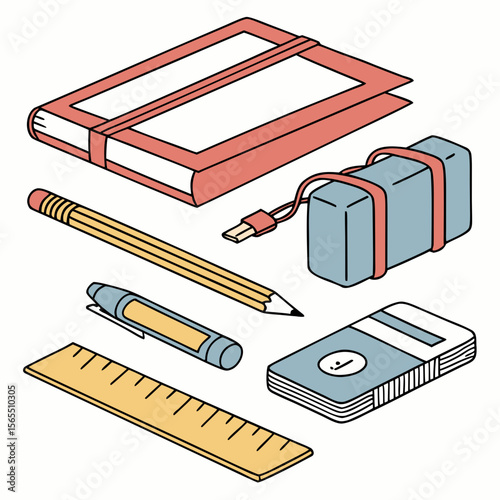 Book pencil pen ruler and portable charger vector