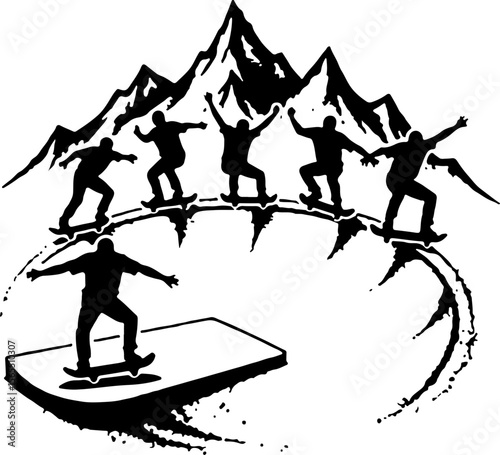 Skateboarders in Mountains Silhouette vector bundle
