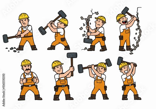 Cartoon Construction Worker Set Swinging Sledgehammer in Various Poses Including Breaking Wall