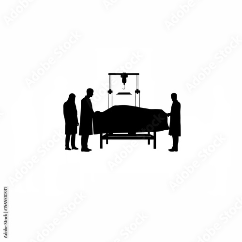 Silhouette of scientists unveiling a new invention in a lab on white background