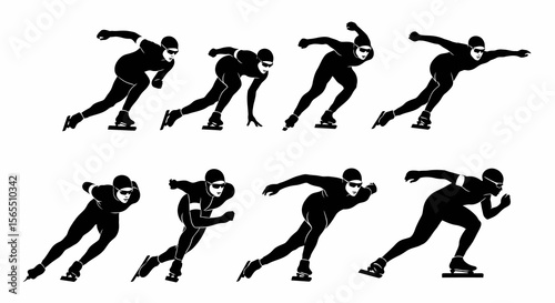 Black Silhouette Speed Skaters in Action, Isolated on White Background