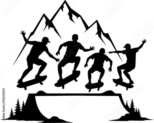 Skateboarders in Mountains Silhouette vector bundle
