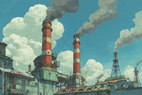 Anime background Industrial factory complex smokestacks belching smoke machinery humming ceaselessly