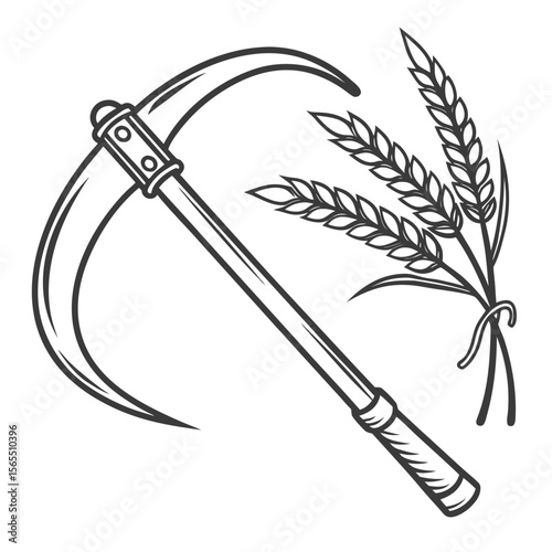 Sickle and wheat stalks scythe grain
