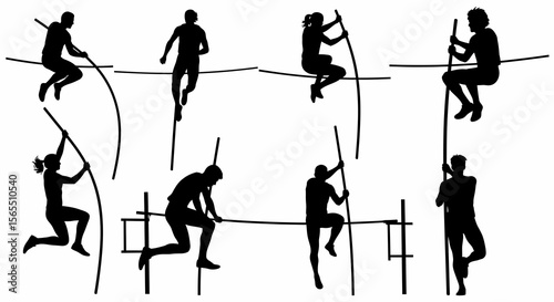 Diverse Athletes in Pole Vaulting Silhouettes, Various Poses