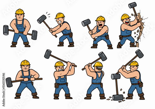 Construction worker cartoon character swinging a heavy sledgehammer set. Man in hard hat doing manual labor, breaking and demolishing with force and determination.
