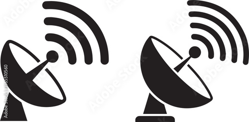 Black satellite dish icons transmitting signals on a white background