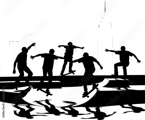 Skateboarders in Mountains Silhouette vector bundle