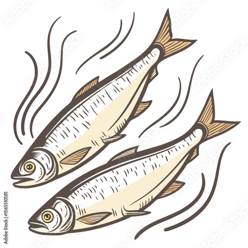 Two fish swimming with stylized water marine life seafood