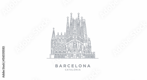 Detailed Line Art Illustration of Sagrada Familia Basilica, Barcelona, Catalonia