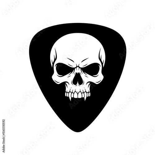 A striking black and white illustration features a detailed skull etched upon a guitar pick. This image evokes a sense of rebellion, edge, and alternative style.