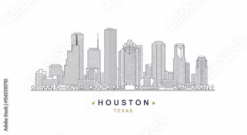 Houston, Texas Skyline: Linear Art Illustration of Cityscape Featuring Skyscrapers and Trees