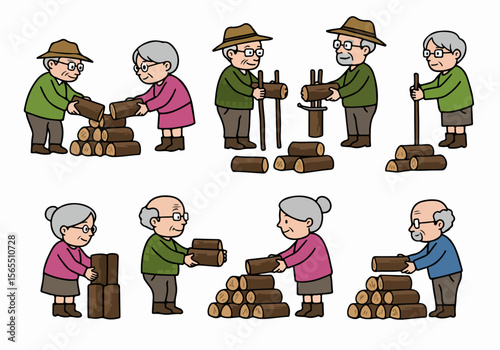 Cartoon illustration set of active senior people preparing firewood, stacking logs, splitting wood, depicting retired life and manual labor.