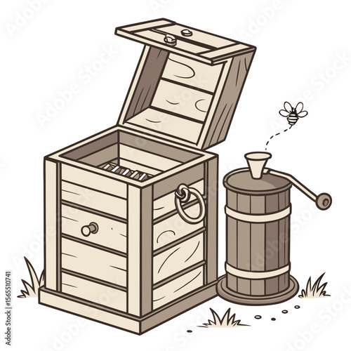 Wooden beehive and honey extractor beekeeping apiary