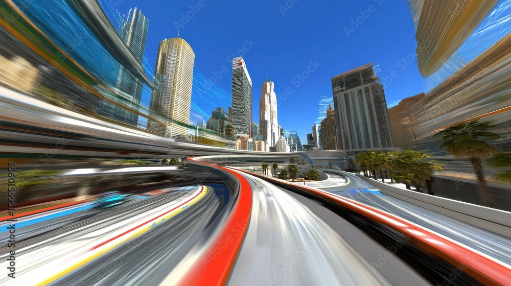 Obraz premium A futuristic city street race course with urban skyscrapers in the background.
