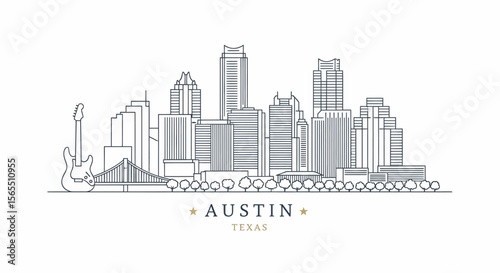 Line Art Skyline of Austin, Texas with Iconic Guitar