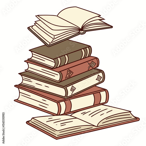 Stacked open and closed books reading knowledge