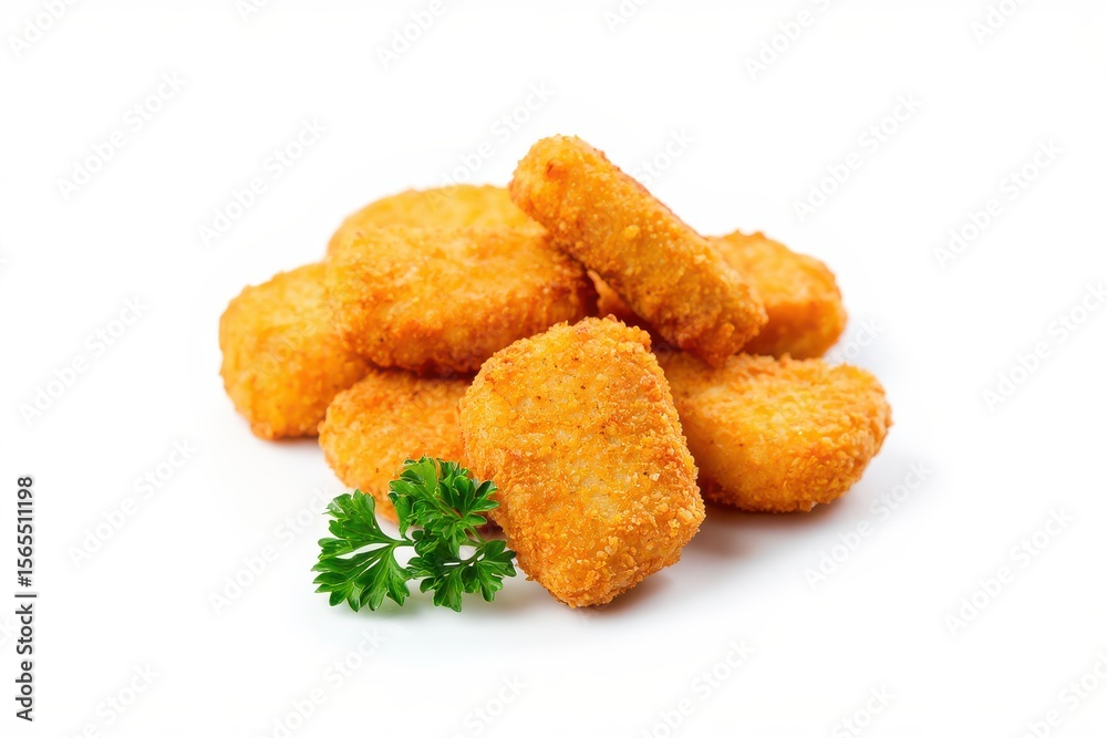 Pile of golden brown chicken nuggets with fresh parsley garnish food fried Pile of golden brown chicken nuggets with fresh parsley garnish food fried