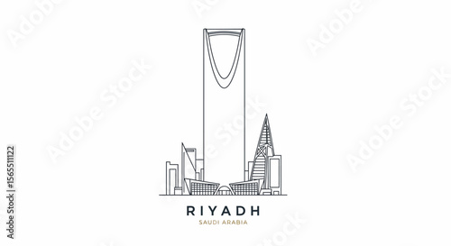 Minimalist Line Art Depicting Riyadh Skyline, Saudi Arabia, Modern Design.