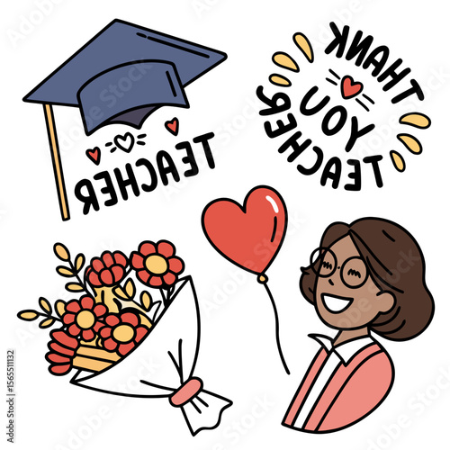 Teacher appreciation elements graduation cap flowers balloon