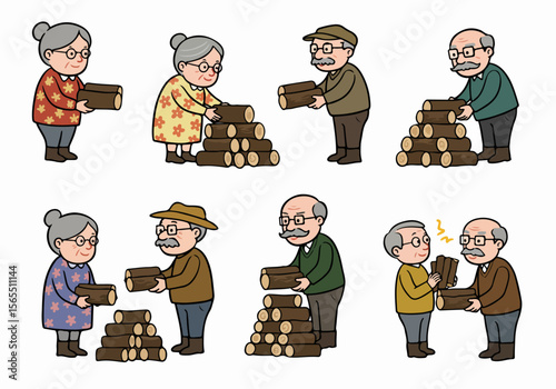 Cartoon illustration set of elderly people carrying and stacking logs, preparing firewood for warmth and winter.