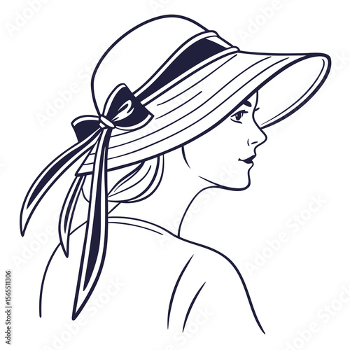 Elegant woman wearing a wide brimmed hat profile ribbon