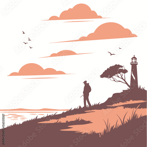 Lone figure by lighthouse overlooking water person