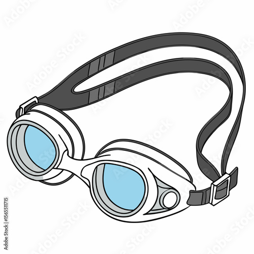 White swimming goggles with blue lenses and black strap