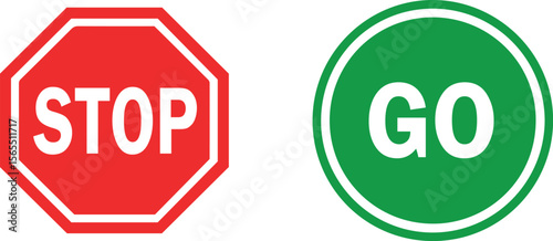 Red stop sign and green go sign symbols for traffic and decision making