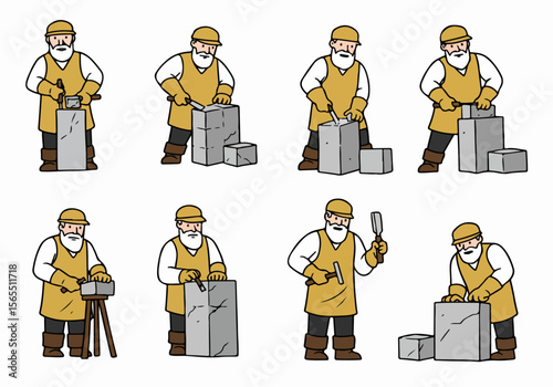 Set of Illustrations Showing a Stonemason Carving Stone Blocks with Traditional Tools like Hammer and Chisel
