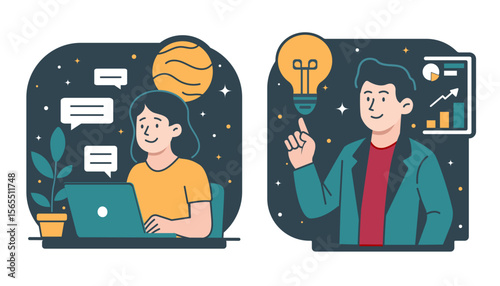 Modern set of flat vectors with two creative professionals working together on the dark background.