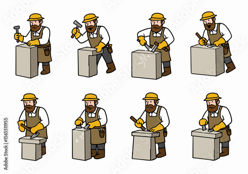 Cartoon illustration set of a stonemason or sculptor character working on stone blocks with hammer and chisel in various poses showing craftsmanship and artistry.