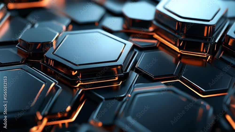 Abstract close-up of glossy black and gold hexagonal shapes with depth of field and warm lighting showcasing a futuristic technological design