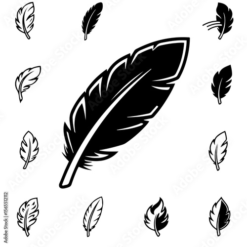 A beautiful and cohesive set of feather icons, with options for both filled black designs and minimalist line art