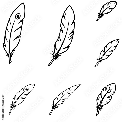 A designer's toolkit includes a variety of feather illustrations in both bold silhouette and delicate outline versions