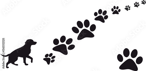 Seamless black vector illustration of a dog paw print pattern with heart-shaped animal footprints