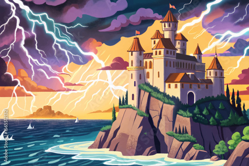 castle perched on stormy cliffs overlooks a wild ocean lightning strikes the sky, creating an eerie, powerful atmosphere ideal for magical world-building