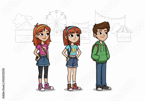 Cartoon illustration of three young friends, two girls and a boy, standing together with a sketched amusement park background, representing fun and leisure.
