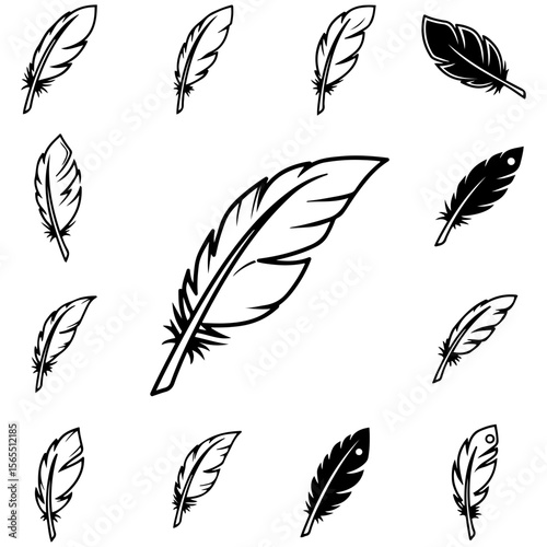 A clean and minimalist collection of elegant feather icons, designed for a modern and sophisticated brand identity