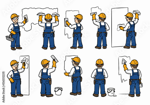 Cartoon set of construction worker plastering or spackling a wall, showing various poses and actions of applying finish with a trowel.