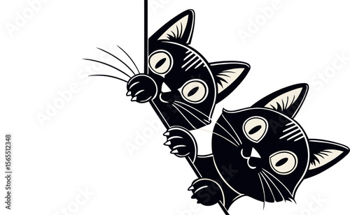 A cute black and white cartoon kitten with big eyes and a black and white butterfly tattoo is a funny pet animal illustration