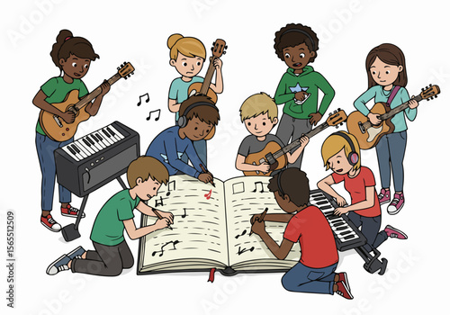 Diverse group of children practicing music together, playing instruments, and writing notes in a classroom or studio setting.