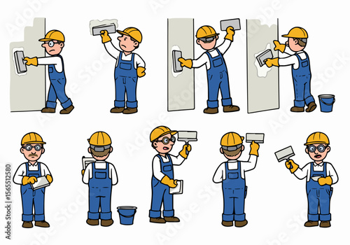 Cartoon set of plasterer or construction worker applying plaster and finishing walls with trowel and float, showing different poses.