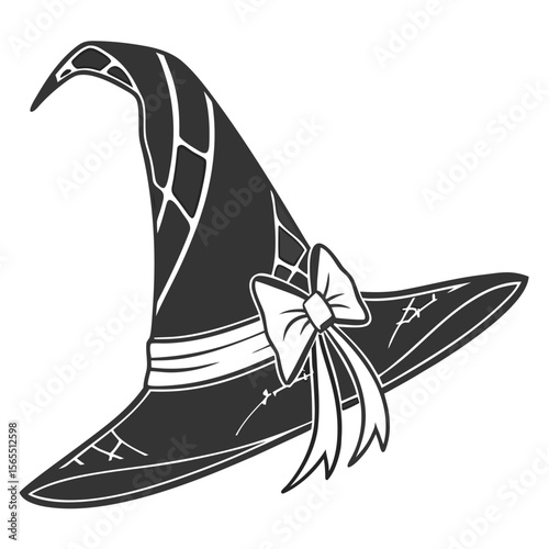 Black witch hat with white ribbon and bow vector