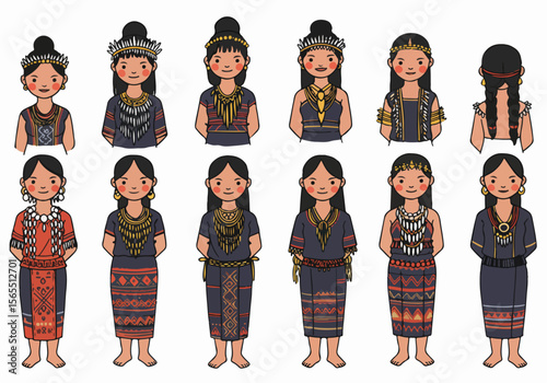 Set of illustrated women wearing traditional Southeast Asian ethnic clothing and jewelry, showcasing cultural diversity and heritage with unique patterns and styles.