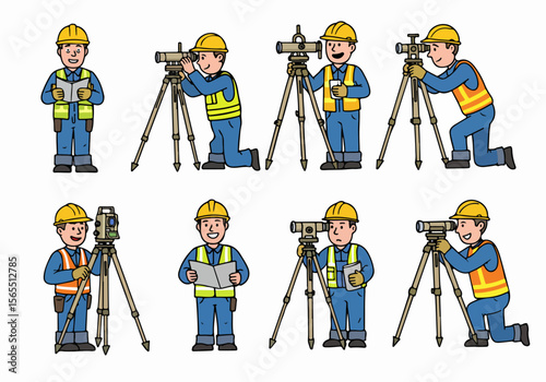 Set of cartoon male surveyors working with surveying equipment in various poses.