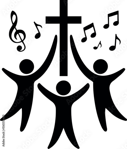 Three people celebrating with music and a cross symbol