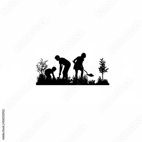 Silhouette of students gardening as part of a school project on white background
